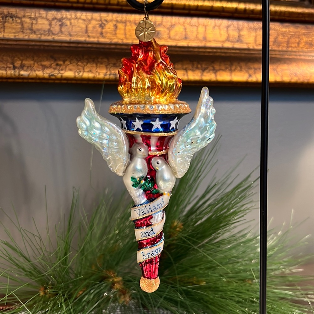 Christopher Radko: "Valiant and Brave" Torch w/ Doves Patriotic Glass Ornament
